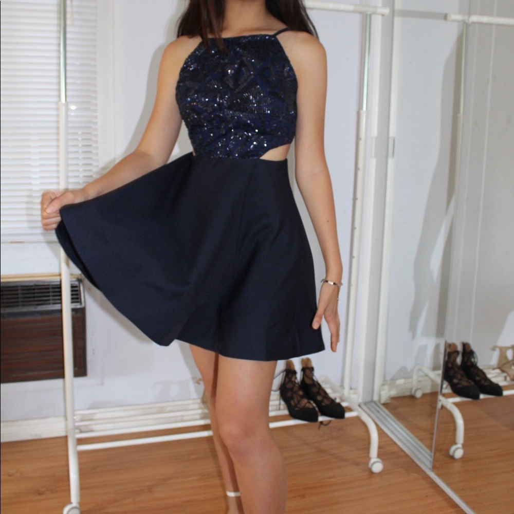 NAVY SEQUIN FIT-N-FLARE DRESS